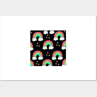 rainbow and cloud print in black Posters and Art